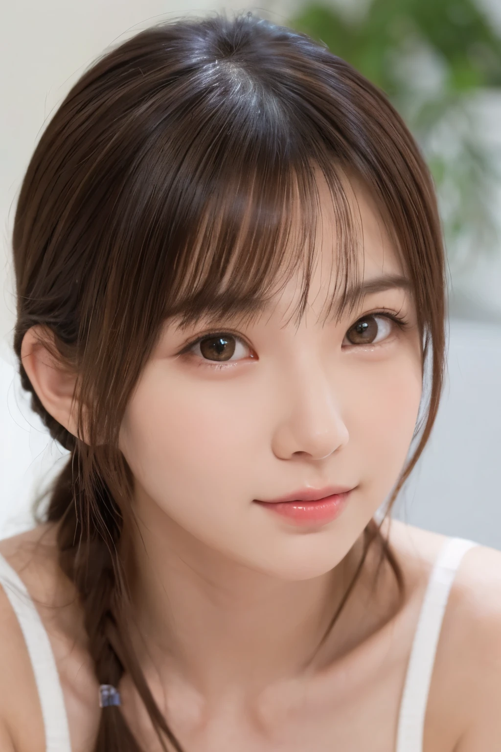 ((close up of face:1.4)), one girl, (beautiful girl, delicate girl:1.3), (:1.3),In underwear、
break, very fine eyes, (symmetrical eyes:1.3),
break, small breasts, small breasts、brown eyes, parted bangs, brown hair, (ponytail), (upper teeth, best smile:0.2),
break, (Eye and face details:1.0),
break, (masterpiece, highest quality, Super detailed, detailed face, 8K)