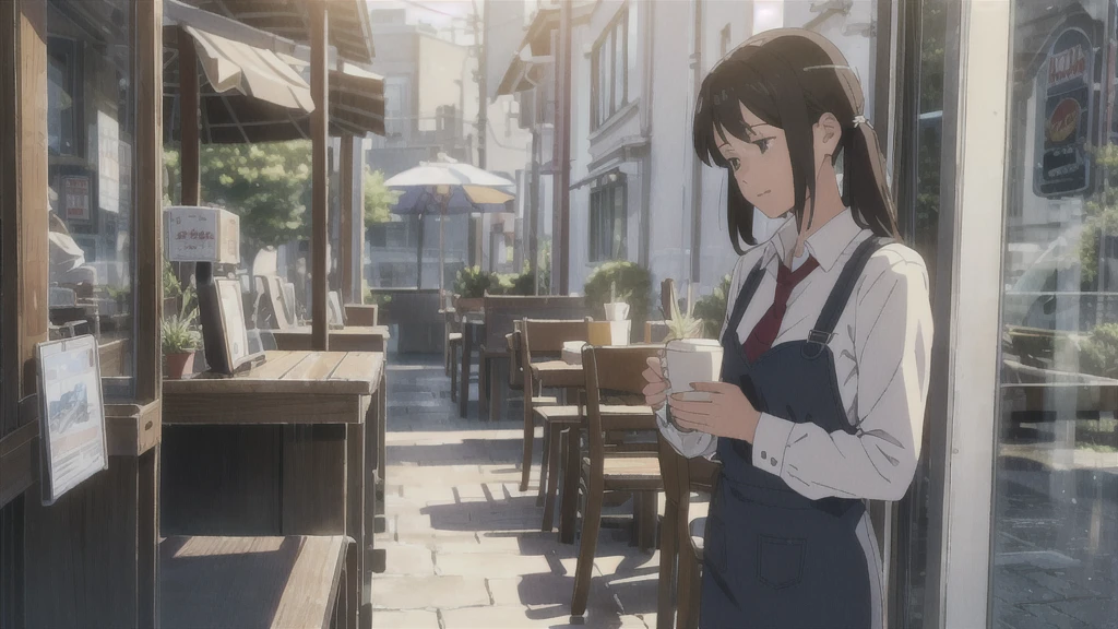The Wind of Sincerity, anime, After the Rain, moving visual effects, Natural glare. Wearing a dress shirt and tie,denim, A 20-year-old with a kind face drinking coffee alone at a cafe, Cute woman drinking coffee and listening to music happily,
