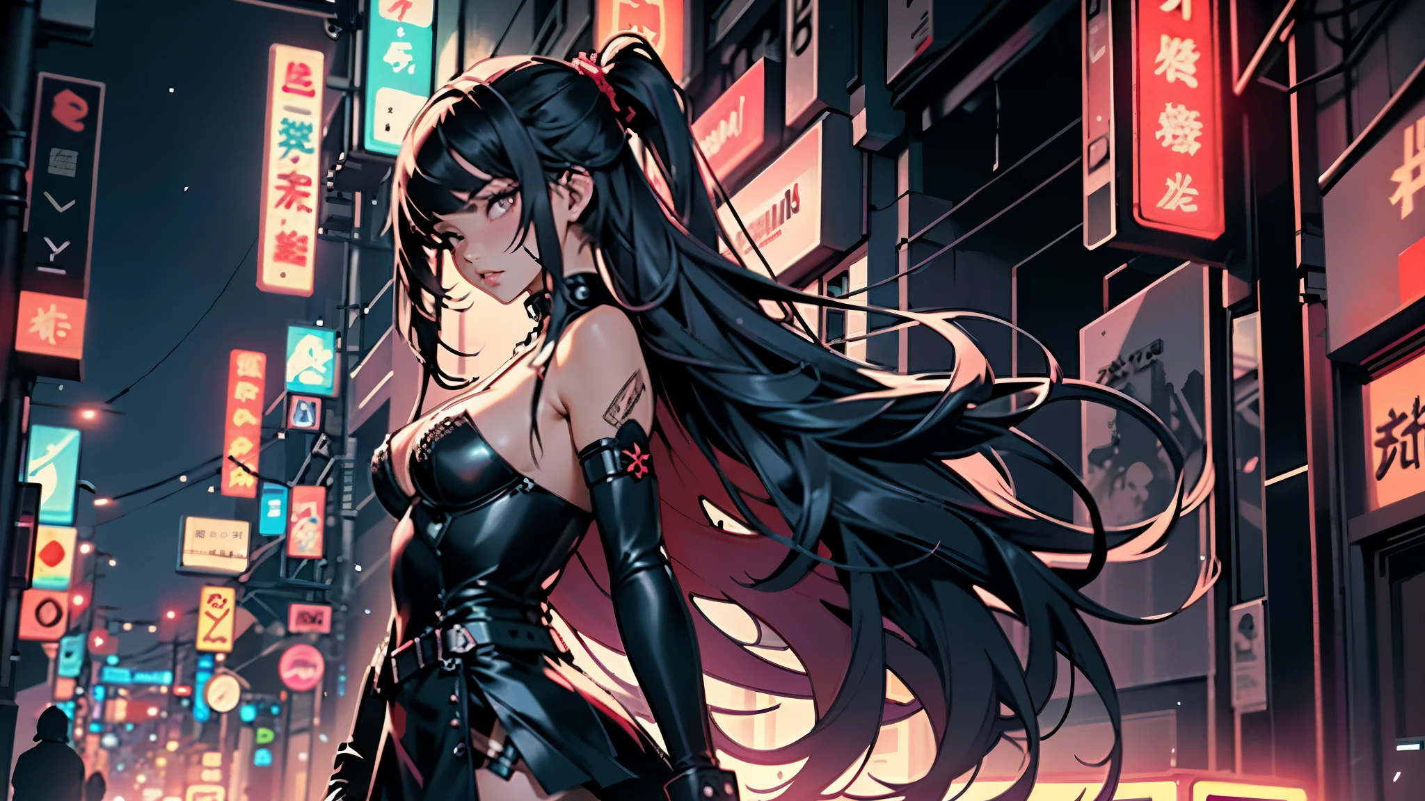 Anime girl standing boldly on the neon-lit street, with long waves cascading down her back, clad in a seductive leather skirt and black erotic lingerie - a true masterpiece of Guviz style artwork. This cyberpunk anime art piece, available as an 8k wallpaper on Art Station, is brought to life by the extraordinary talents of Ilya Kuvshinov. The intricate details of her long, flowing hair, the sharp lines of her features, and the realistic textures of her lingerie are all rendered in impeccable quality. The dramatic contrast between the harsh city lights and the soft glow of her skin adds an enchanting allure