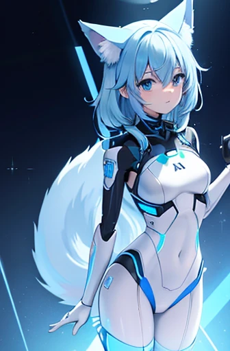 a robot with fox hologram ears and light blue hologram tail