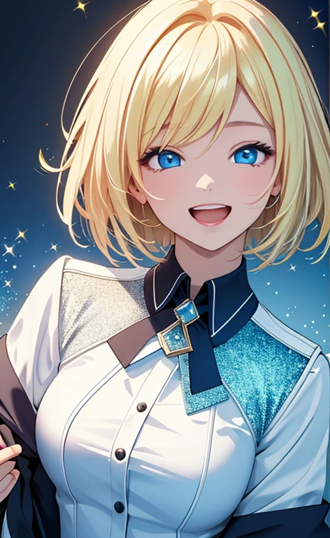 (realistic:1.4、masterpiece、top-quality、8k size wallpaper、offcial art)、(portrait,upper body:1.6)、(1girl),(very loud laugh,Open mouth:1.3),(half closed eyes),cute face,blue eyes、(short hair)、
,(stand),(Shining smile),(Sparkling:1.3),(Sparkling:1.3),(Sparkling:1.3),
,(slender),(school uniform),(long fluorescence blonde hair1.3), (small breasts)、
、fluorescence、classroom,JK、