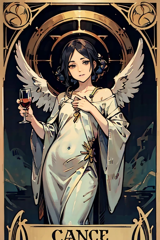 highest quality,masterpiece,((tarot cards,(Horror taste)、Art Deco Frame)),１４：control、An angel holds a chalice in his hands、The water is constantly circulating。The technique is truly miraculous.、It&#39;s a state of harmony。、angel costume