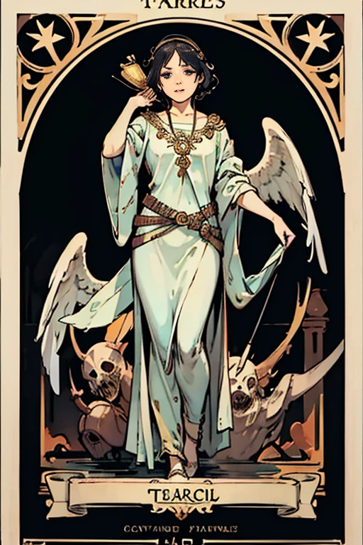 highest quality,masterpiece,((tarot cards,(Horror taste)、Art Deco Frame)),14:control、An angel holds a chalice in his hands、The water is constantly circulating。The technique is truly miraculous.、It's a state of harmony。、angel costume