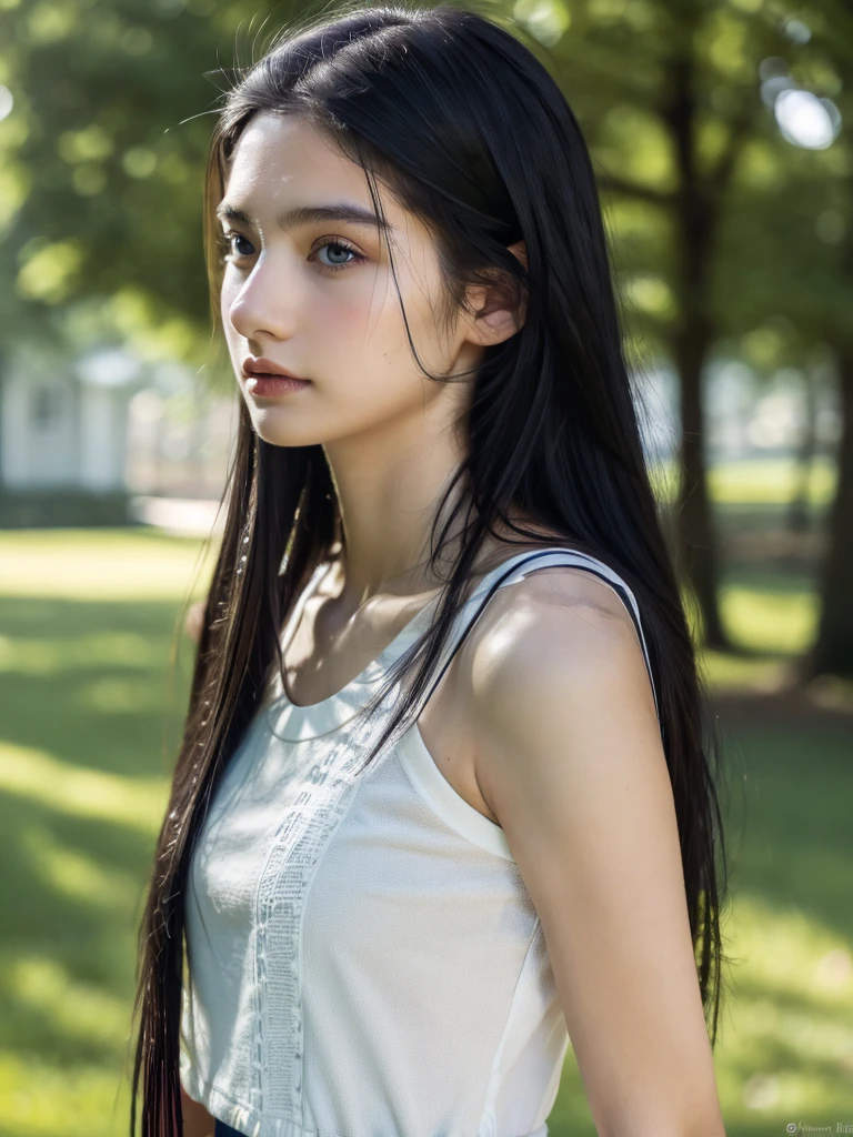 ( masterpiece, top quality, best quality,8k,17 years old girl,ultra detailed,raw photo:1.5),(photorealistic:1.4), (long black hair:1.5), (cinematic lighting), PerfectNwsjMajic, , Surrealism, UHD, ccurate, Super detail, textured skin, High detail, Best quality, dynamic angle, (high nose,White skin),[Beautiful blue eyes],[flat chest:large breasts:0.5],(1girl),(good anatomy:0.5)),(outside:1.5),