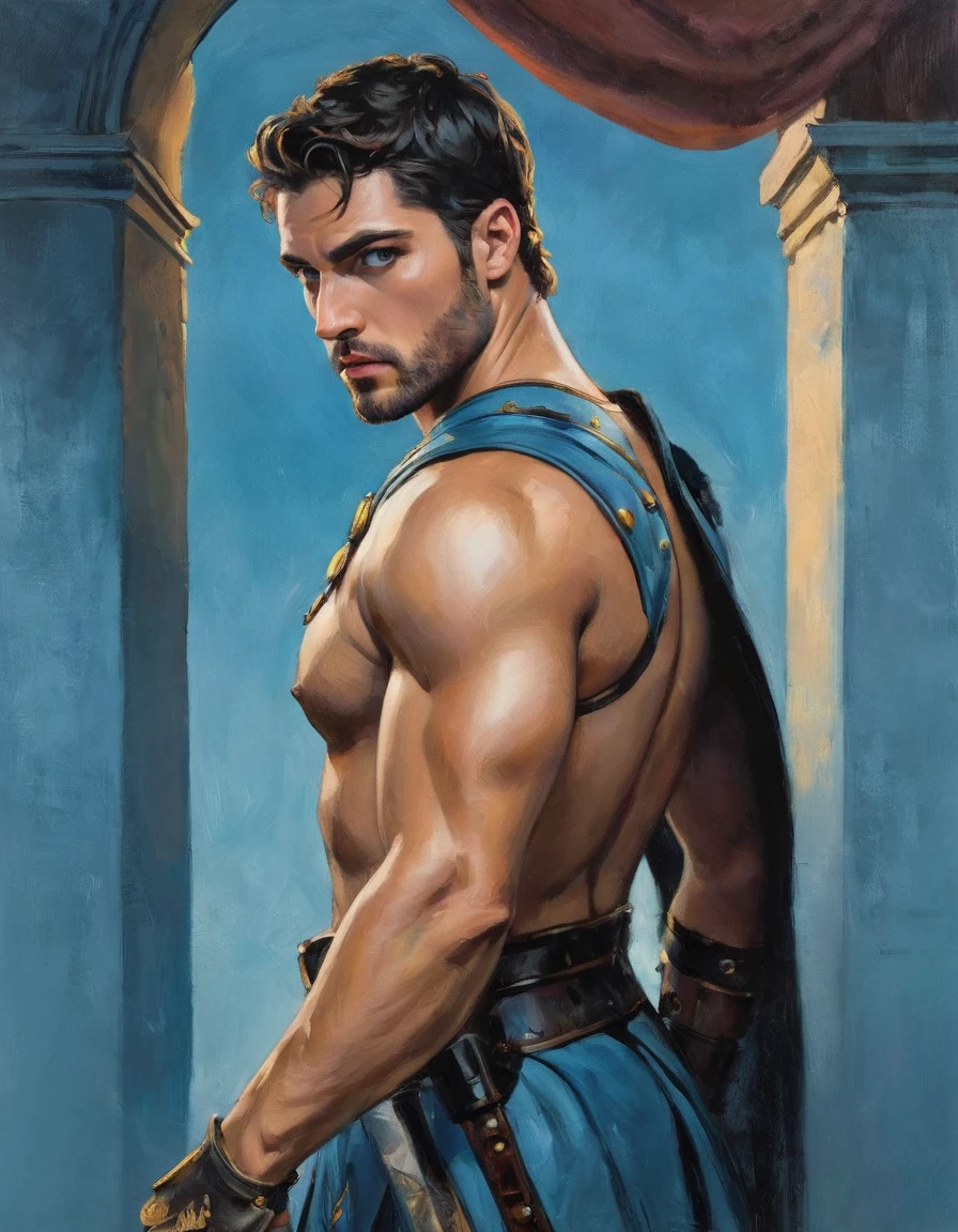 chiaroscuro technique on impressionist illustration of an masculine, 26-year-old Italian male model, handsome Roman, he is the god of war, he is Ares, Mars, evil-color, strong look, light blue eyes, strong jawline, dressed as a gladiator, ancient gladiator, male gladiator skirt, matte painting, by Harumi Hironaka, extremely soft colors, vibrant, pastel, highly detailed, digital artwork, high contrast, golden dramatic, refined, tonal, an intimate, titanic color