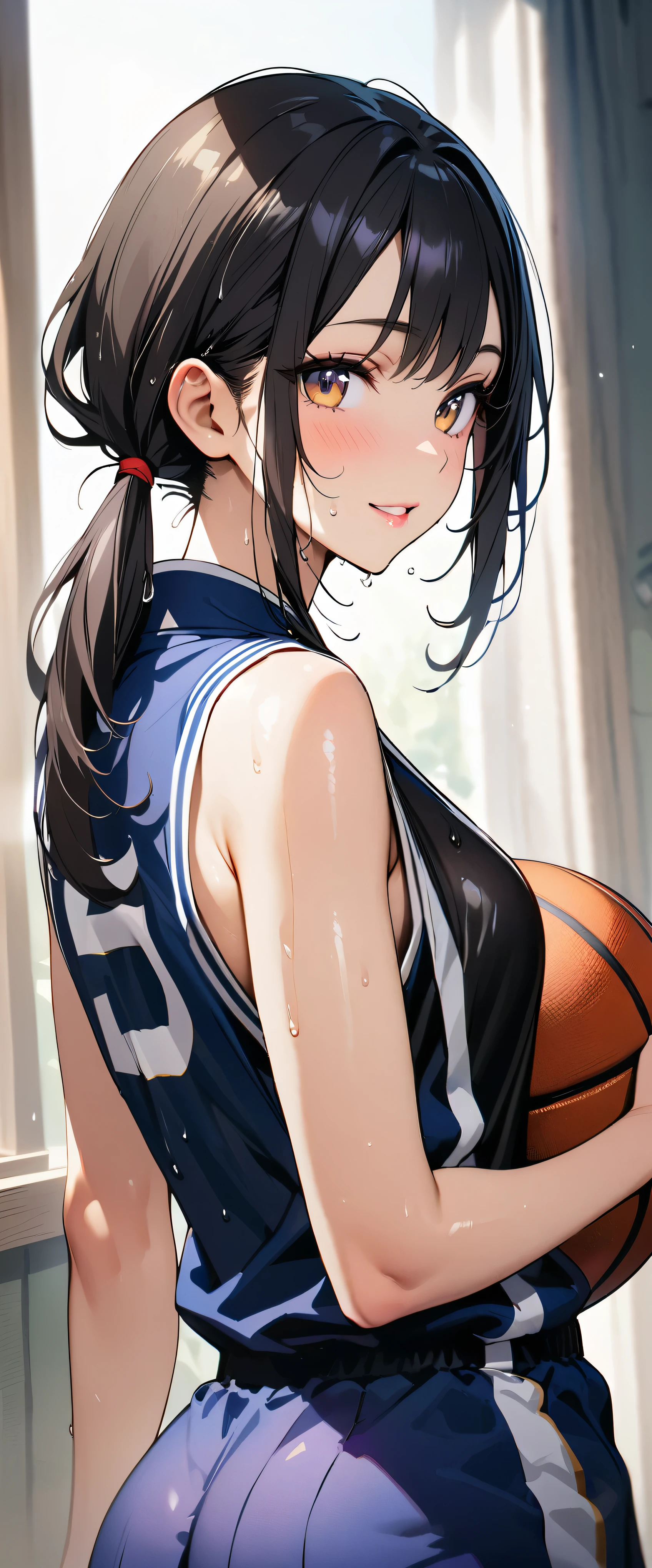(masterpiece,highest quality,超A high resolution),japanese woman, (((Very beautiful 25 year old girl))), pretty girl、look at the photographer、 ((beautiful low ponytail)), super cute face, glossy lips, double eyelids in both eyes,natural smile、 natural makeup, long eyelashes, shiny smooth hair、center image, perfect limbs, perfect anatomy,(((Basketball Sleeveless Uniform)))、,(wet with sweat),,look back