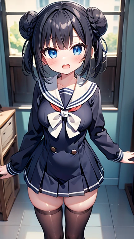 highest quality,wonderful,finely,extremely detailed CG Unity 8K wallpaper, (1 girl,black hair, blue eyes,double bun), (small breast:1.2), (sailor uniform:1.1), (open mouth:1.2), (long tongue:1.2), (mouth drool:1.2), (black stockings:1.1),(Thighs),(constriction),(standing:1.2)