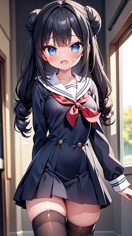 highest quality,wonderful,finely,extremely detailed CG Unity 8K wallpaper, (1 girl,black hair, blue eyes,double bun), (small breast:1.2), (sailor uniform:1.1), (open mouth:1.2), (long tongue:1.2), (mouth drool:1.2), (black stockings:1.1),(Thighs),(constriction),(standing:1.2)