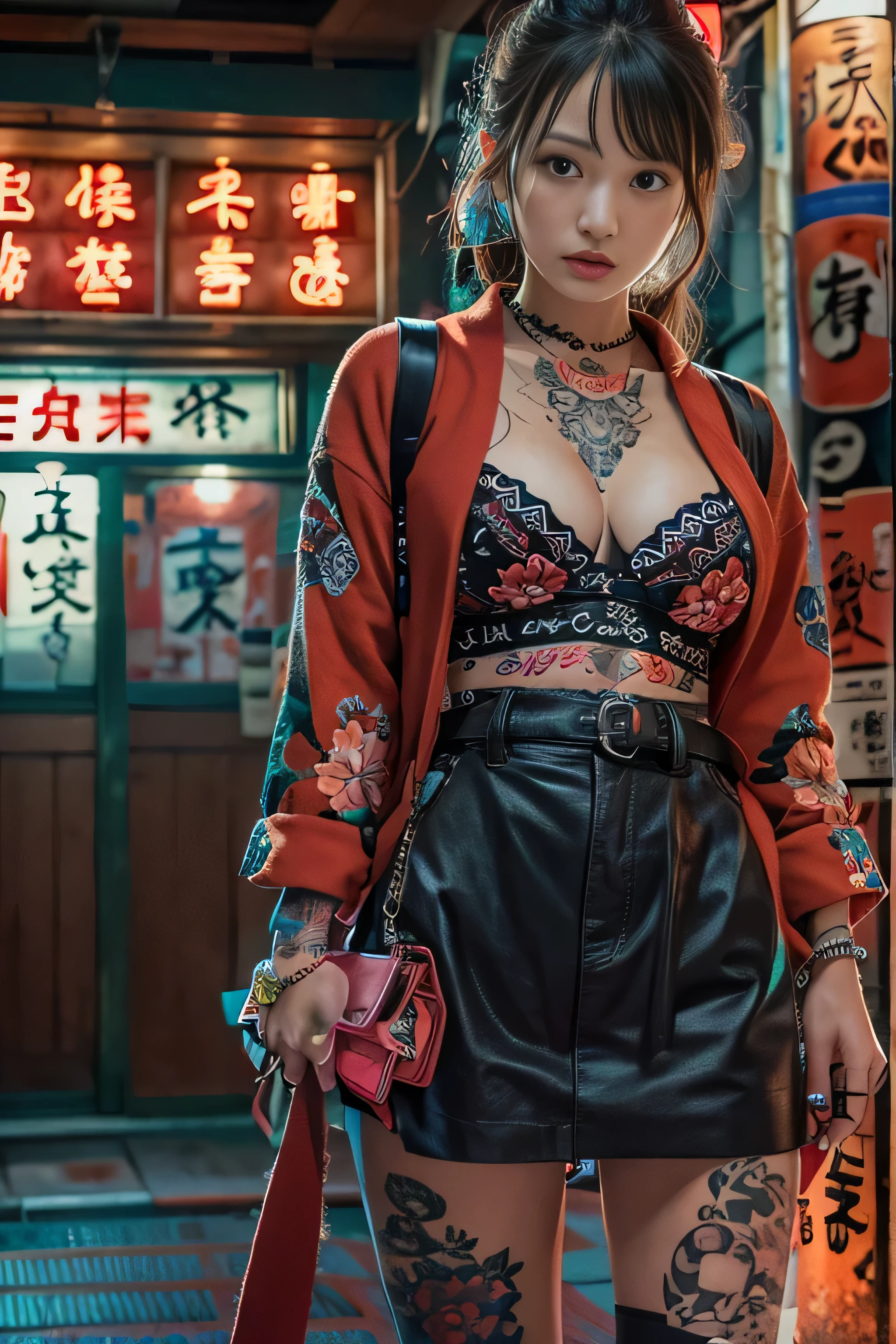 RAW image quality, Japanese, , embarrassed expression, Girl and Horihada, Yakuza, japanese mafia, Background of Tokyo Red Light District, realistic, Photoreal, masterpiece, highest quality, Movie photo of a Japan cartel gang with tattoos, spectacular lighting, japanese Yakuza tattoo, Japanese art, Japanese culture, sexy, exotic, erotic, Underboo Boo,