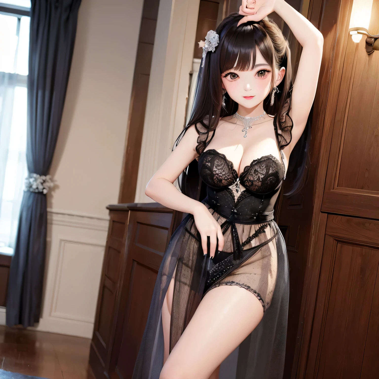 a woman in long sheer skirt, gr3ysh33r very sensual posing