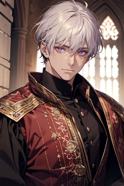 1male, calm, mature face, age 35 face, short messy with bangs, white hair, amethyst colored eyes, medieval times, royalty, prince attire, dressed in black, in a castle, condescending, close up