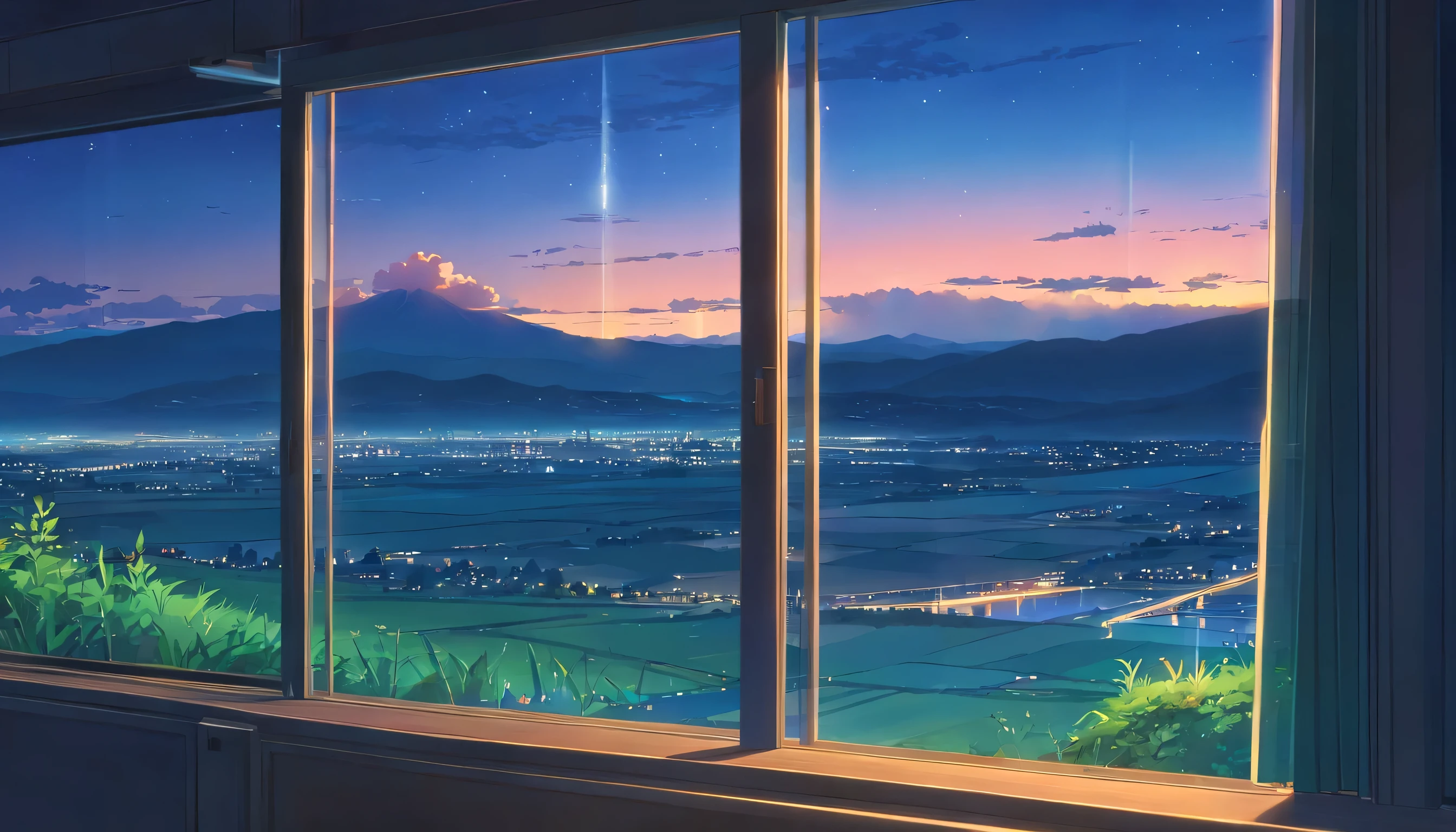 Night view of the Japanese countryside reflected outside the window，