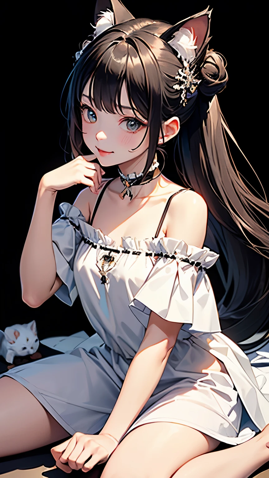 (highest quality, masterpiece, High resolution)、(anime art)、,cinematic light、soft light、1 girl、some girls、black hair、Black cat costume、White Cat Costume、Tabby cat costume、Striped cat costume、Persian Cat Costume、3-color cat costume、(loose t-shirt)、loose shirt、off shoulder、sexy mini dress、(Cat ear)、bob cut、semi-long、bun hair、hair ornaments、choker、Cute face details、enchanting smile、small breasts、whole body、(cat pose)、beckoning、playing、(Kissing each other&#39;nose)、dance、busy、Cat jarashi、Crackers explode、 decoration、((white background))、