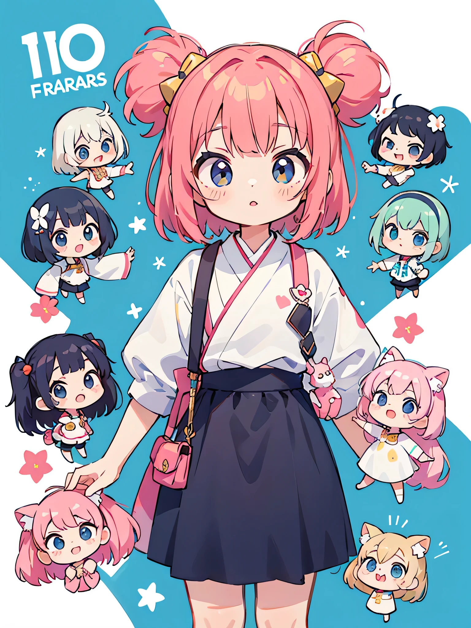 Momoko Sakura style, Kawaii Design, (((10 people)))、most beautiful girl ever、Chibi, Colorful bob hair、((Lots of friendars