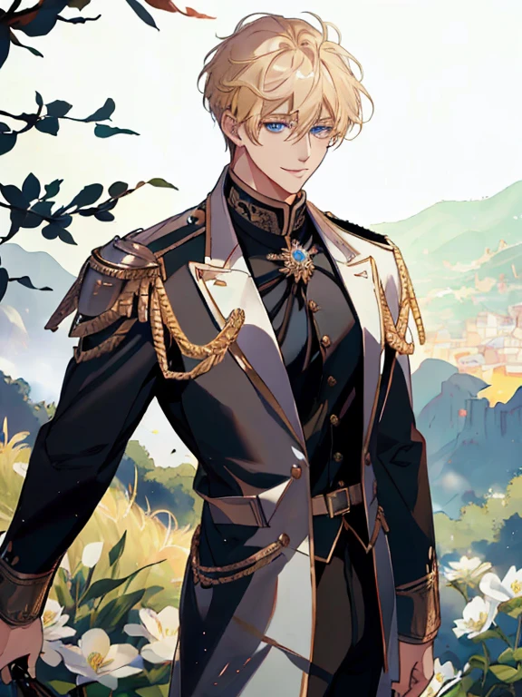((​masterpiece:1.2、top-quality))、((Two men))、blonde  hair、blue eyess(a handsome:1.4)、Guys only:1.3、Uniforms、royalty、Black Knight、Short black hair、Golden Eyes、Scar on the right eye、Black Armor、Fantasia、blooming flowers、sunlights、Fantastic Light and Shadow、landscapes、extra detailed face、portraitures、A smile