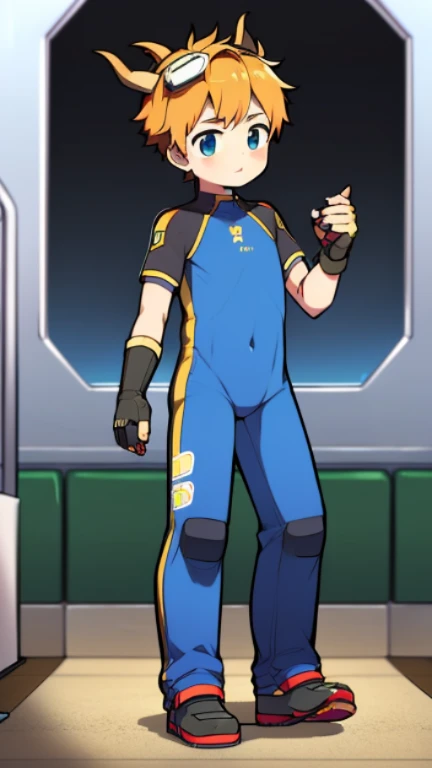 ((A young boy)),(Youthful feeling),one piece mountaineering suit,There are horns on the head,slender figure,goggles,fingerless gloves,cotton socks,short sleeves,stand up
