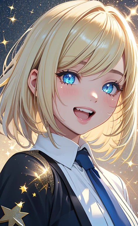 (realistic：1.4、​masterpiece、top-quality、8k size wallpaper、offcial art)、(portrait,upper body:1.6)、(1girl),(very loud laugh,Open mouth:1.3),(half closed eyes),cute face,blue eyes、(short hair)、
,(stand),(Shining smile),(glitter around the face:1.3),(glitter around the face:1.3),(Sparkling:1.3),
,(slender),(school uniform),(long fluorescence blonde hair1.3), (small breasts)、
、fluorescence、classroom,JK、