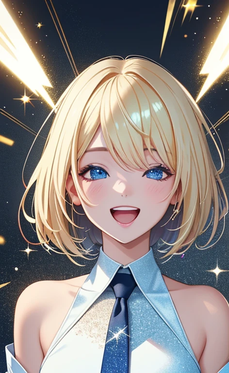 (realistic:1.4、masterpiece、top-quality、8k size wallpaper、offcial art)、(portrait,upper body:1.6)、(1girl),(very loud laugh,Open mouth:1.3),(half closed eyes),cute face,blue eyes、(short hair)、
,(stand),(Shining smile),(glitter around the face:1.3),(glitter around the face:1.3),(Sparkling:1.3),
,(slender),(school uniform),(long fluorescence blonde hair1.3), (small breasts)、
、fluorescence、classroom,JK、