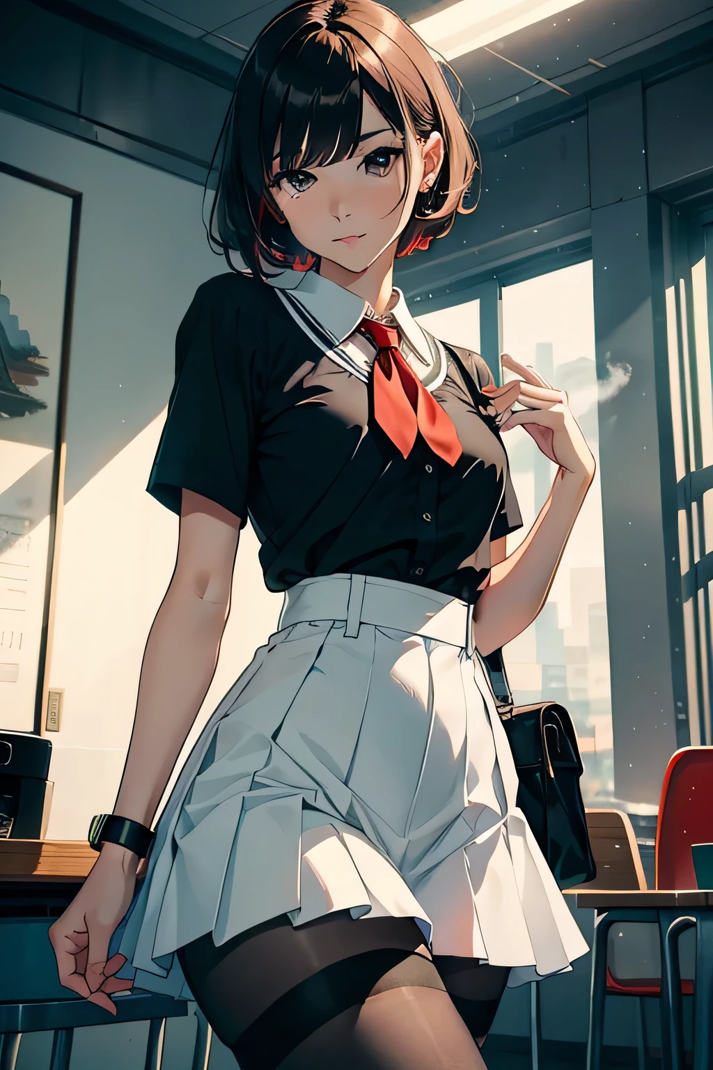 no. Estillo Petra Collins, Simsborg,classroom, horny girl, cute type, cheerful, Serafuku, very short length white shirts with open chest, very short pleated miniskirt, Spearard Leg, standing ceremony, enchanting smile, Unorganized resolution, best quality, ridiculous details,1woman wearing trendy clothes, in an abstract oil painting style, fashion show, The painting is ultra-high detailed and has a resolution of 8k, showcasing the best quality and craftsmanship. The background is colorful, with a touch of fog and smoky, creating a mysterious atmosphere.the city that never sleeps、oilcolor Touch,(a woman:1.2), , luminous design, vivit colours,spring lights,Artistic,azure, red (black pantyhose:1.1), black high heels, black short skirt