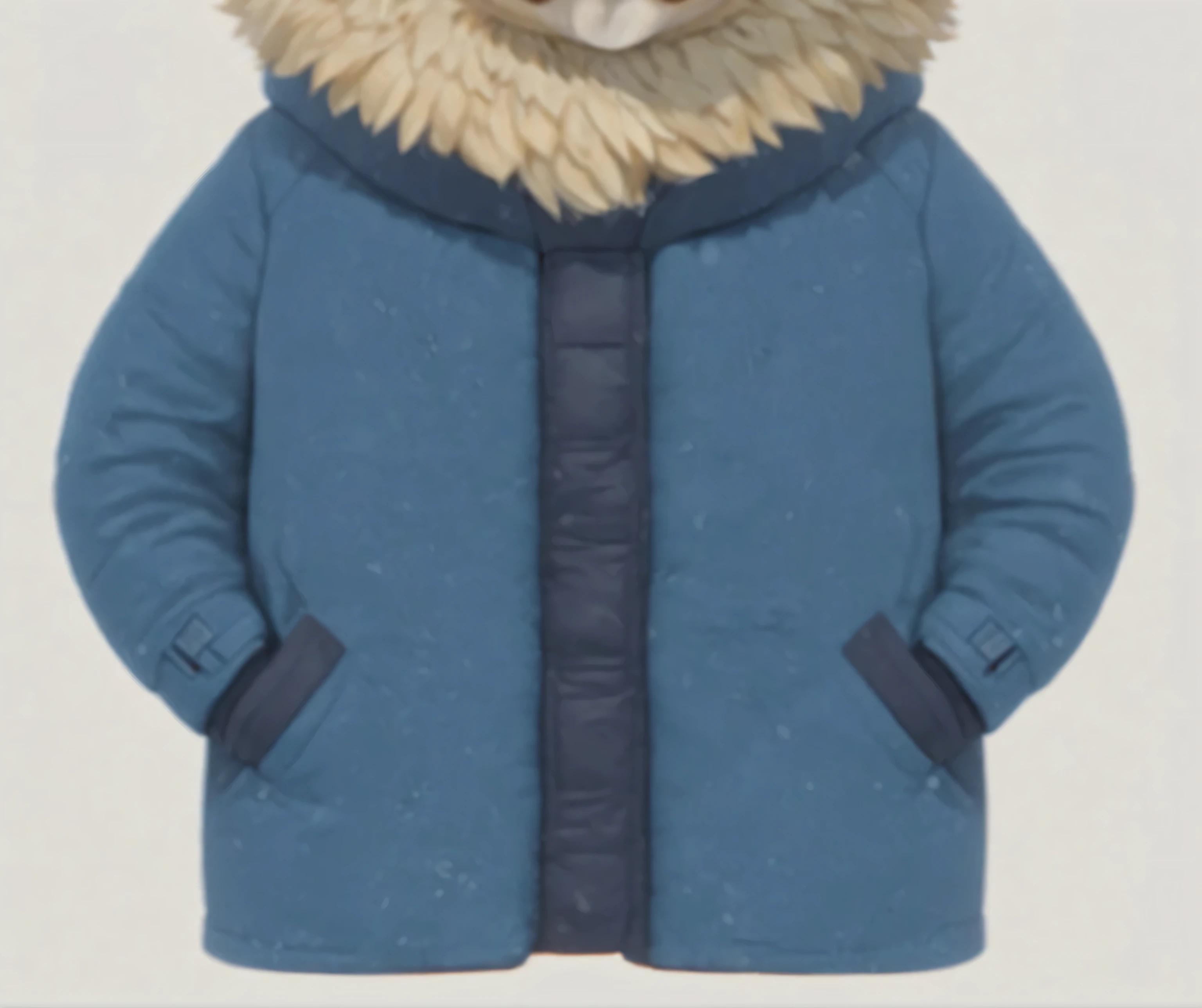 CG 3D render digital illustration, a blue winter coat with hands in pockets, front view, digital illustration, simple with few details, high contrast
