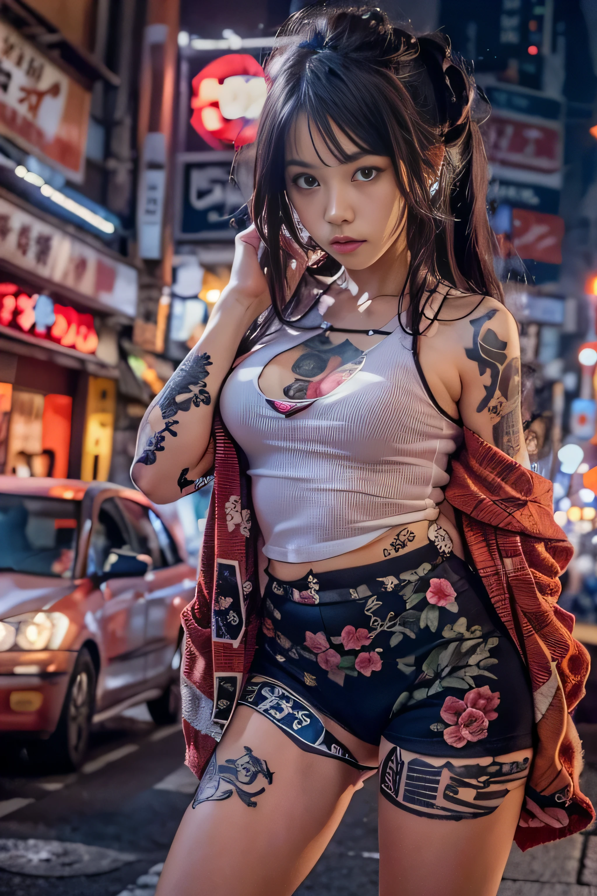 RAW image quality, Japanese, ************, embarrassed expression, Girl and Horihada, Yakuza, japanese mafia, Background of Tokyo Red Light District, realistic, Photoreal, masterpiece, highest quality, Movie photo of a Japan cartel gang with tattoos, spectacular lighting, japanese Yakuza tattoo, Japanese art, Japanese culture, sexy, exotic, erotic, cropped tank top, Underboo Boo,