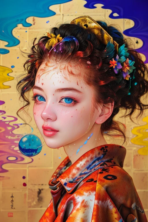 (masterpiece), (highest quality), (super detailed),(messy hair),(figure), (1 girl), (fashionable clothes), Are standing, Fashion Model, looking at the viewer, (interview), (simple background),detailed and beautiful eyes, delicate beautiful face, floating,(high color saturation),(colorful splashes),colorful bubble,(shining), focus on face, ponytail, kamisato ayaka, light blue hair, bangs, hair ring, floating flowers, Floating hair, (shining), best writing, best shadow,