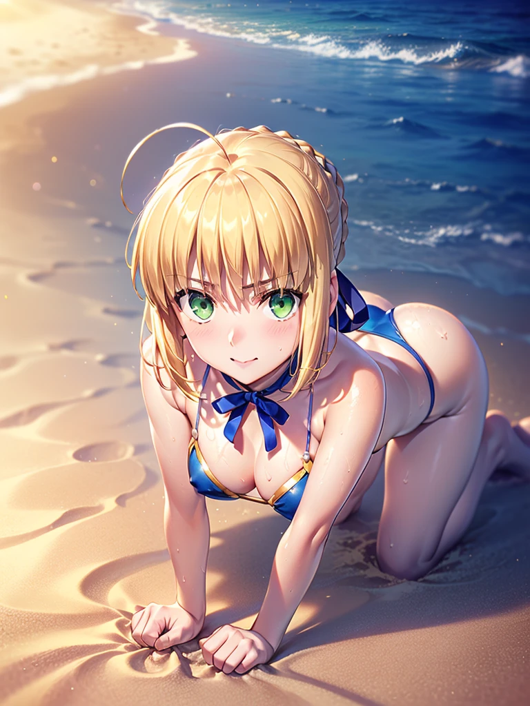 NSFW、(((On all fours, looking up at the viewer)))、full body portrait、((Artoria Pendragon))、(((swimsuit:1.2)))、((Wearing only a swimsuit))、(((On a beautiful sunny beach)))、view audience、slender body type、Glossy skin、((Saber Artoria))、blonde、green eyes、chignon hair、shortcut、adult woman、Glossy skin、(highest qualityの、highest quality、Beautiful CG,)realistic、A very happy smile、(((Royal blue fancy bikini)))、belly button costume、(((Blue ribbon around bare neck)))、sexy body、erotic body、(((Artoria Pendragonの髪型)))、bare skin arm、Bare skin legs、(((2Beautiful legs of a book)))、(((Place your hands on the sand)))、(((The ground is just sand)))