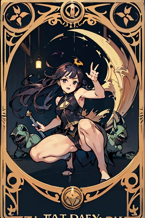 highest quality,masterpiece,((tarot cards,(Horror taste)、Art Deco Frame)),１０：Wheel of Fortune、Wheel of Fortuneは時計とは逆の反時計回りに回転しています。Since ancient times, it has been said to represent the changes in our destiny.、Many sacred beasts are gathered around。（wheel）