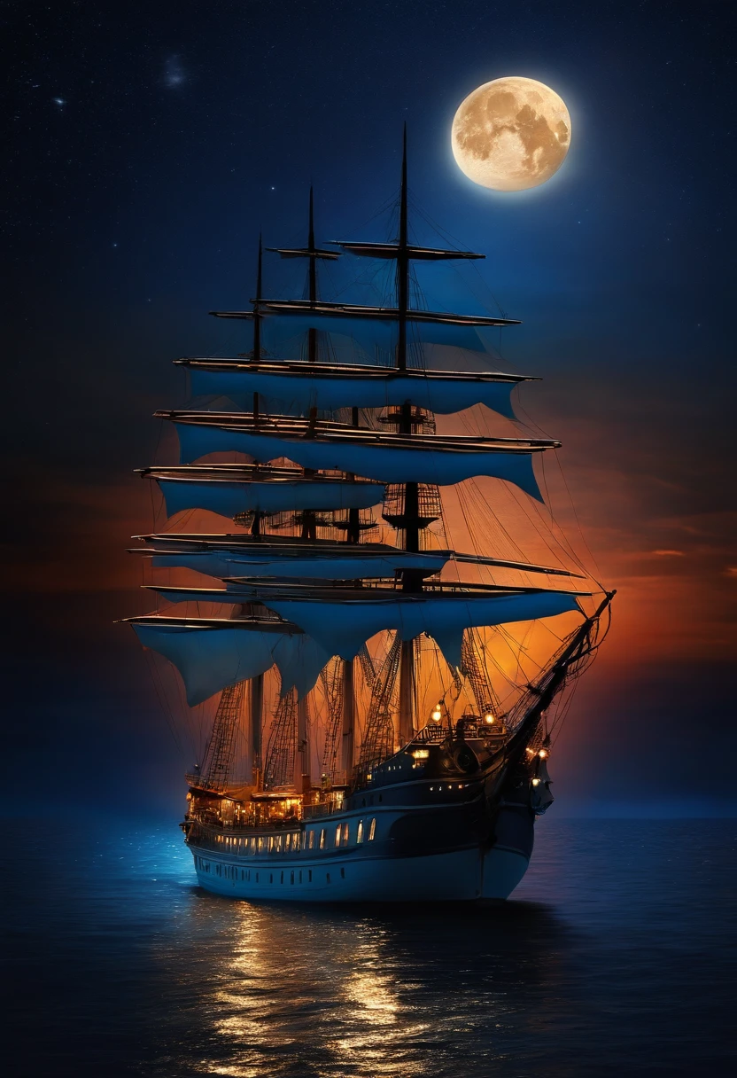 Tall ship, sailing into the night, beautiful, with moon and stars.