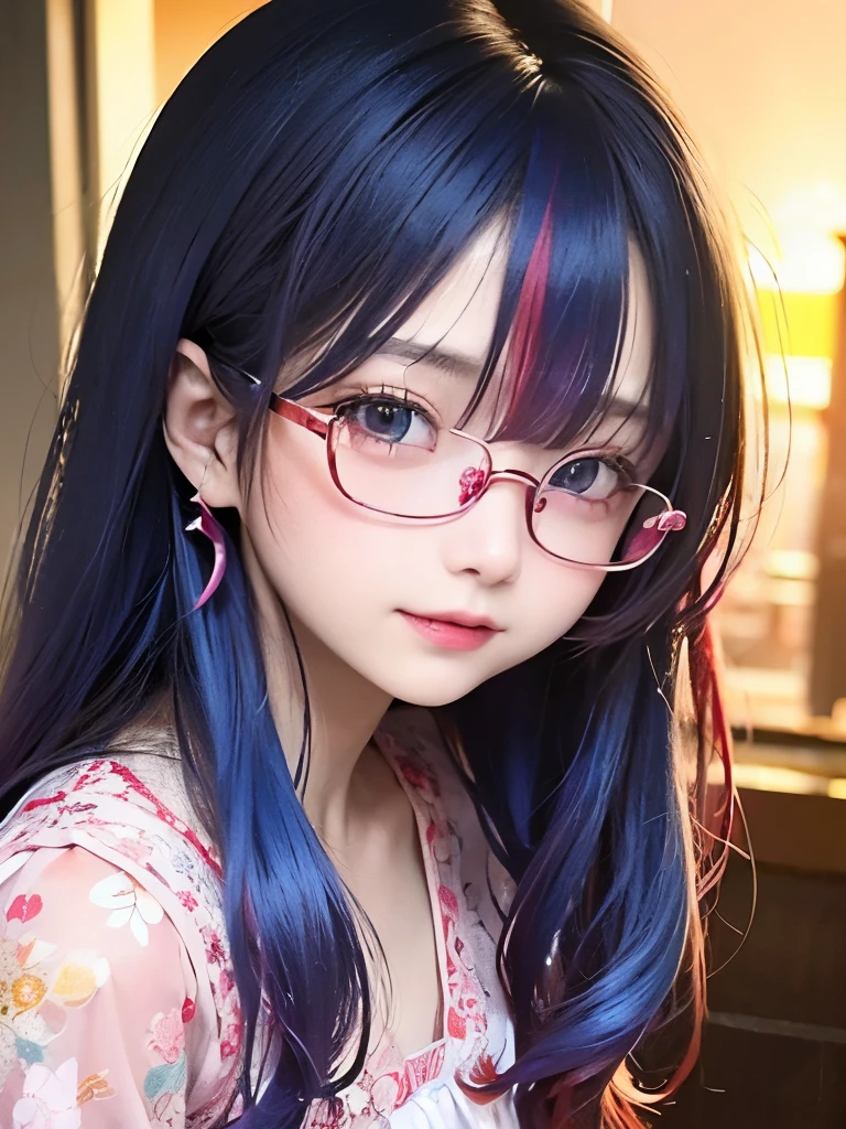 small face、 )Super detailed,bright colors, very beautiful detailed anime face and eyes, look straight, shiny_skin,girl, (((rainbow colored hair, colorful hair, Half blue、half red hair: 1.2))), 、shiny hair, delicate beautiful face, blush、Glasses、(turquoise eyes), , Valletta, earrings,、((flower garden、sunset、luxury hotel))、((Light red、translucent、short sleeve、Floral、lace blouse))、(twin tails)、(smile、happy face、face dyed red)、cheerful pose、dynamic、Upper body、