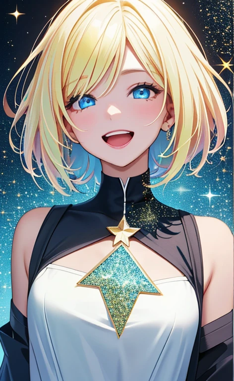 (realistic:1.4、masterpiece、top-quality、8k size wallpaper、offcial art)、(portrait,upper body:1.6)、(1girl),(very loud laugh,Open mouth:1.3),(half closed eyes),cute face,blue eyes、(short hair)、
,(stand),(Shining smile),(glitter around the face:1.3),(glitter around the face:1.3),(Sparkling:1.3),
,(slender),(school uniform),(long fluorescence blonde hair1.3), (small breasts)、
、fluorescence、classroom,JK、