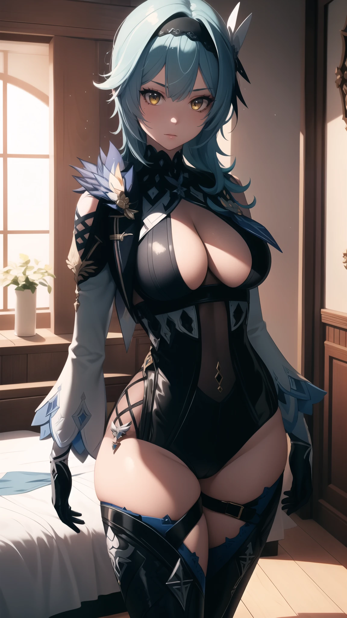 absurdres, highres, highly detailed, (official art, beautiful and aesthetic:1.2), ultra detail, beautiful face, ((mature female)), 1girl, Eula, black hairband, blue hair, hair ornament, hairband, medium hair, yellow eyes, narrow waist, wide hips, thicc thighs, big breasts, black gloves, black thigh high boots, ((sexy pose)), bedroom with large windows, dynamic shadow