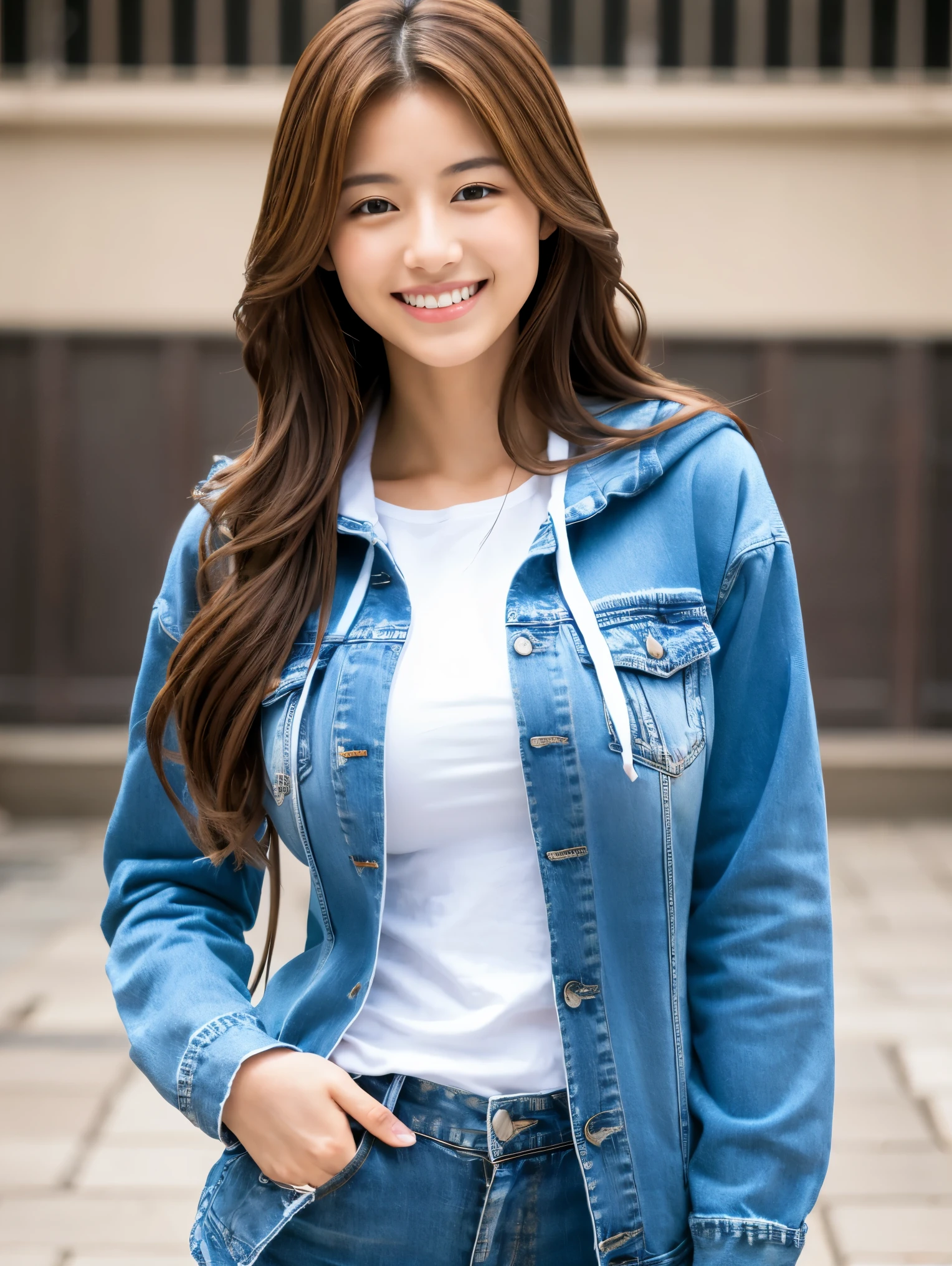 highest quality,best image,Japanese,big breasts,long brown hair,beautiful girl,smile,hoodie,Denim pants