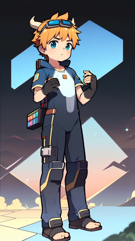 ((A  boy))，(Youthful feeling)，one piece mountaineering suit，There are horns on the head，slender figure，goggles，fingerless gloves，cotton socks，short sleeves，stand up