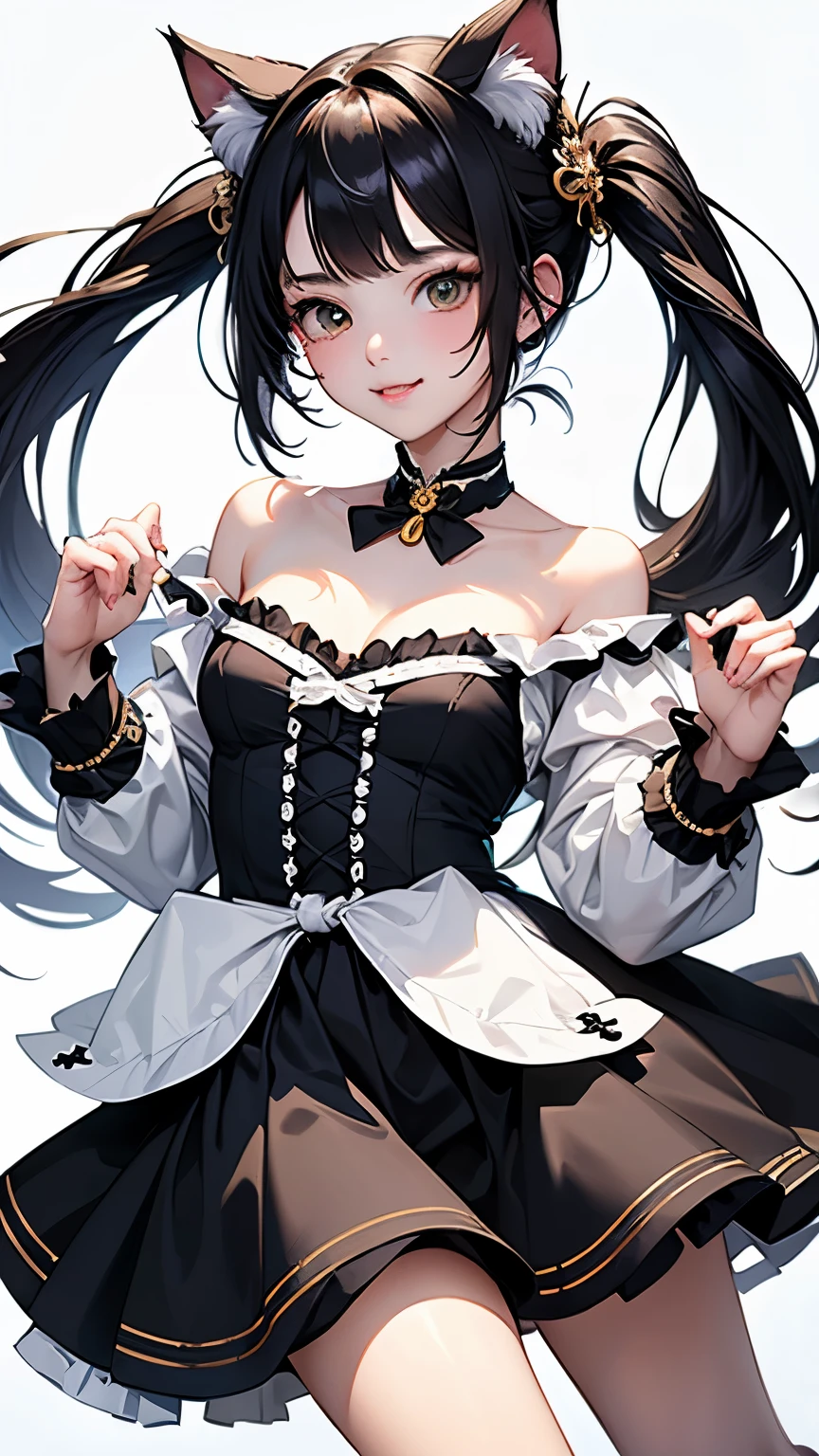 (highest quality, masterpiece, High resolution)、(anime art)、,cinematic light、soft light、1 girl、some girls、black hair、Black cat costume、White Cat Costume、Tabby cat costume、Striped cat costume、Persian Cat Costume、3-color cat costume、(loose t-shirt)、loose shirt、off shoulder、sexy mini dress、(Cat ear)、bob cut、semi-long、bun hair、hair ornaments、choker、Cute face details、enchanting smile、small breasts、whole body、(cat pose)、beckoning、playing、(Kissing each other&#39;nose)、dance、busy、Cat jarashi、Crackers explode、 decoration、((white background))、