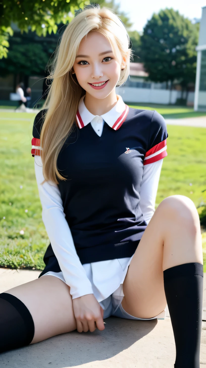 best quality, full body portrait, delicate face,very cute and pretty face, 22 years old woman, slim body, , cheerleader uniform, office uniform, black stockings, outdoor scene, Sitting position, spread legs, blonde hair, happy smile, Cheerleaders cheering passionately