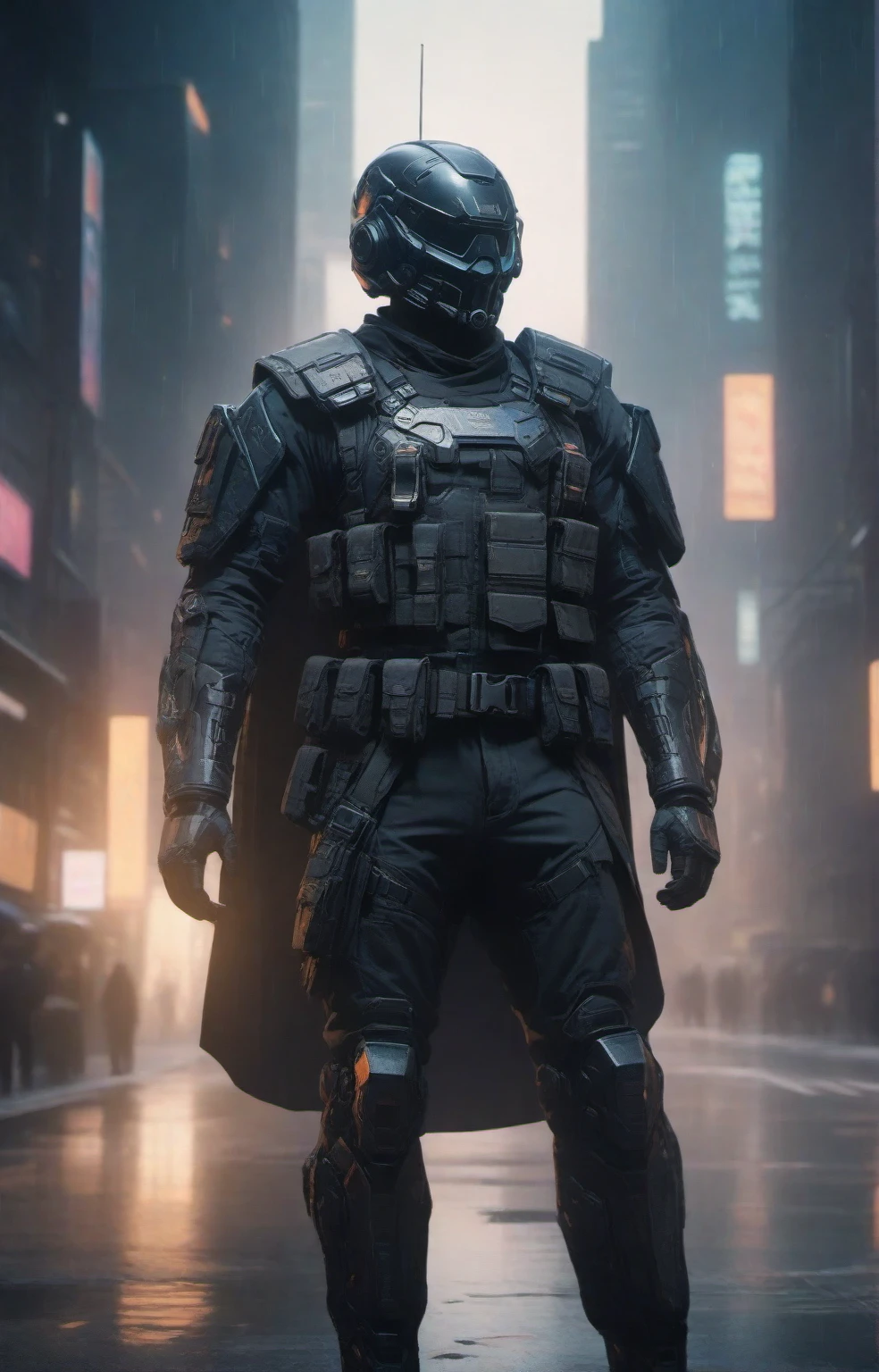 cinematic photo a man with a helmet with a tactical armour, Tactical vest with ammo pouches, A black cape behind him flowing in the wind, Thigh gun holster, Utility belt, side view, full body,cyberpunk background . 35mm photograph, film, bokeh, professional, 4k, highly detailed high-res, masterpiece, best quality, with a tactical armour, Tactical vest with ammo pouches, A black cape behind him flowing in the wind, Thigh gun holster,