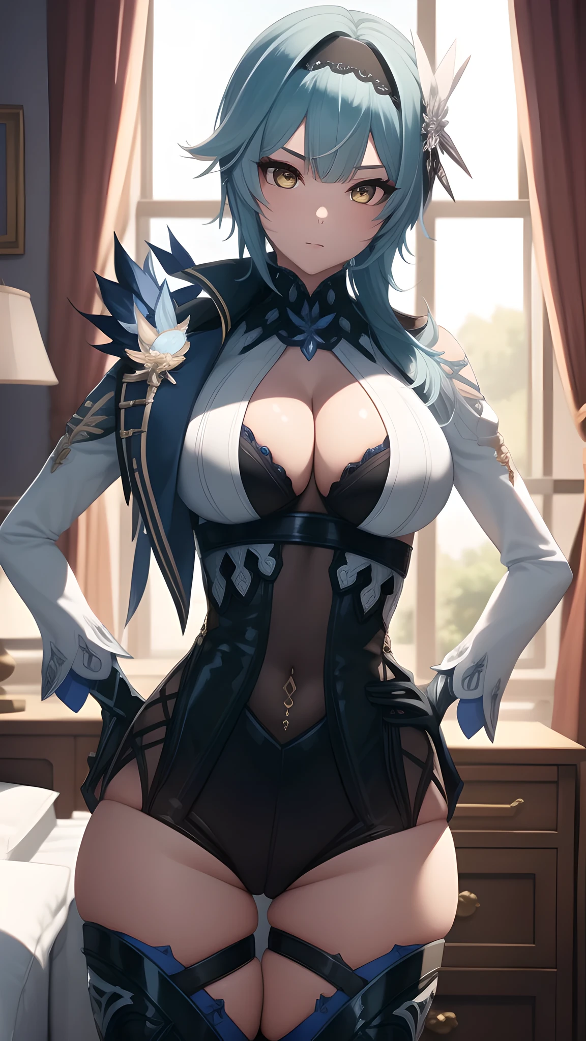 absurdres, highres, highly detailed, (official art, beautiful and aesthetic:1.2), ultra detail, beautiful face, ((mature female)), 1girl, Eula, black hairband, blue hair, hair ornament, hairband, short hair, yellow eyes, narrow waist, wide hips, thicc thighs, big breasts, cleavage, black gloves, black thigh high boots, ((sexy pose)), hands on hips, bedroom with large windows, dynamic lighting