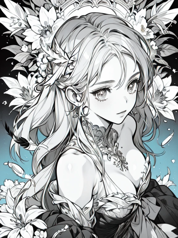 (masterpiece, top quality, best quality, official art, beautiful and aesthetic:1.2), (1girl:1.3), extremely detailed,(fractal art:1.1),(colorful:1.1)(flowers:1.3),highest detailed,(zentangle:1.2), (dynamic pose), (abstract background:1.3), (shiny skin), (many colors:1.4), ,(earrings), (feathers:1.5), nsfw:1.5, cyber sttyle girl, 1girl, solo, short hair, in nightclub ,bar, bare shoulders, BREAK, rainbow hair,long hair, breasts out:2,portrait, (from above:1.2), medium breasts, beautiful breasts, monochrome, greyscale, midjourney