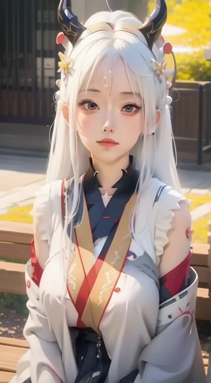 anime girl with horns and a white dress sitting on a bench, white haired deity, anime goddess, anime character, anime inspired, anime woman, female anime character, beautiful anime woman, ”beautiful anime woman, amaterasu, beautiful alluring anime woman, anime waifu, beautiful alluring anime , shikamimi, anime character; full body art, 8k))