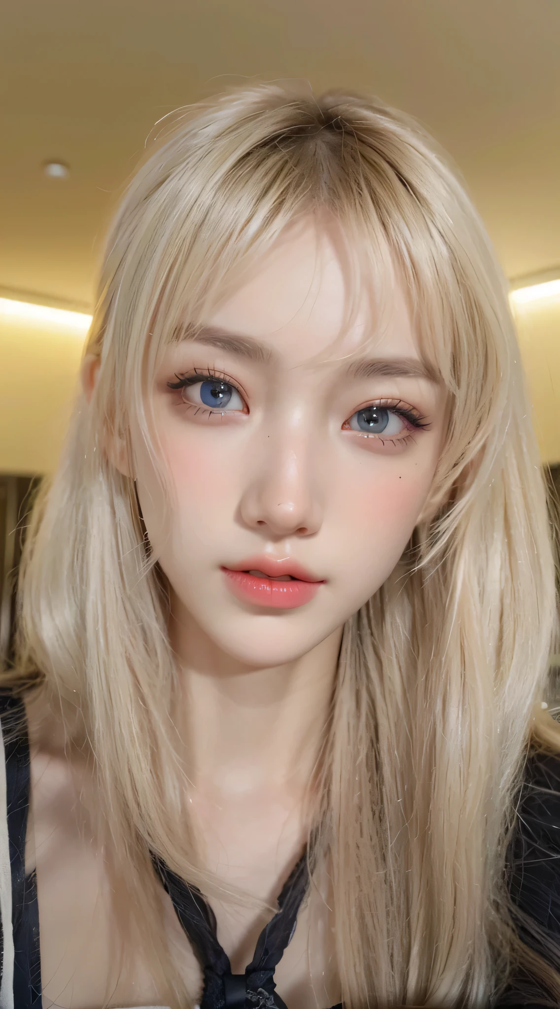 Blonde beauty, straight nose, perfect face line, big eyes, large double eyelids, upturned mouth, big breasts 