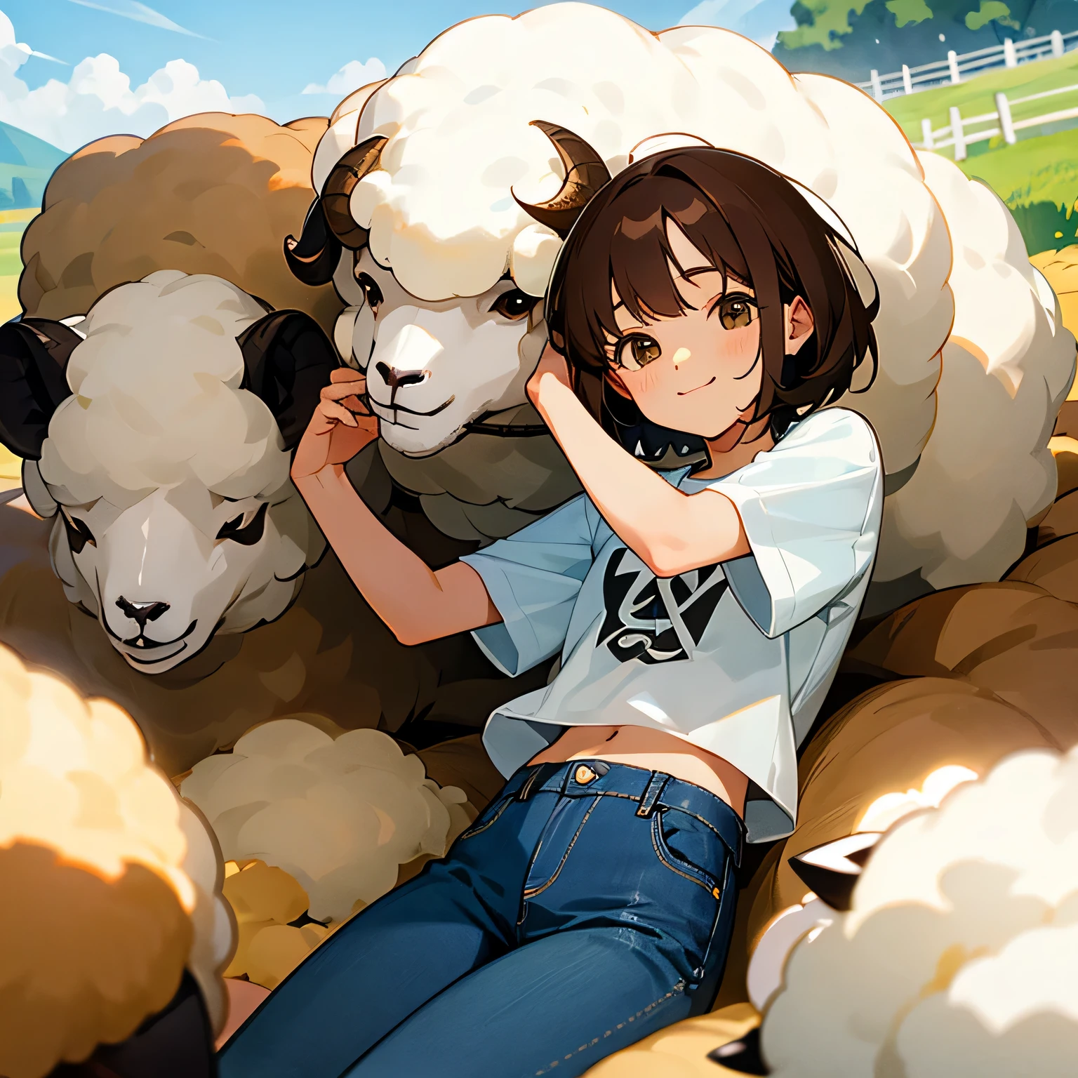 girl、brown hair、short hair、T-shirt、jeans、sneakers、smile、sheep、ranch、lie down、sunny