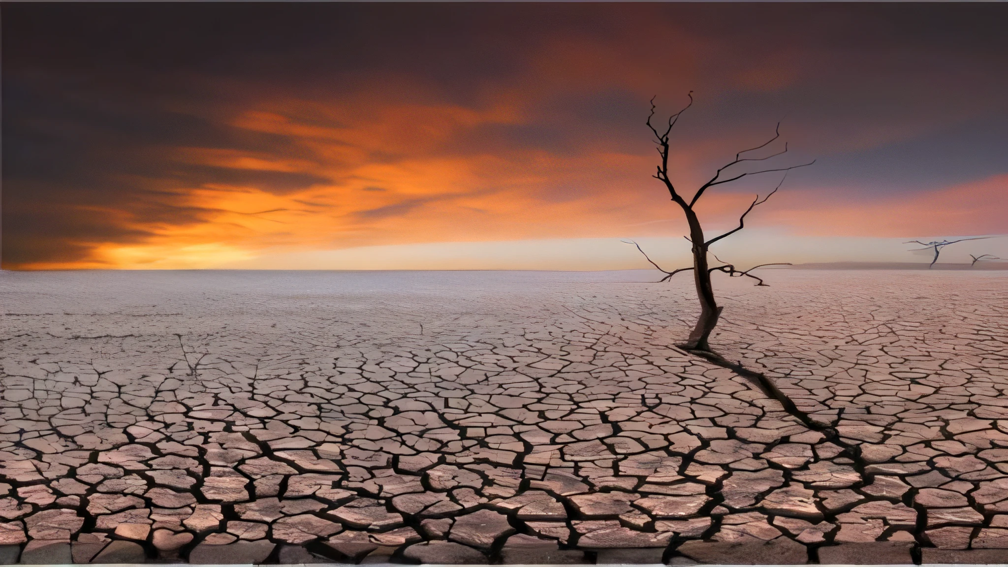 A lone tree in a deserted area,The background is the sunset, Barren dryland, In the burnt desert, Cracked Earth, A piece of scorched earth, drought, The dry lake bed ruptures, dry landscape, barren landscape, Desolate place, Dry desert, desolate landscape, Desolate wasteland, soft crack, On the desolate plains, dry ecosystem, dead tree
