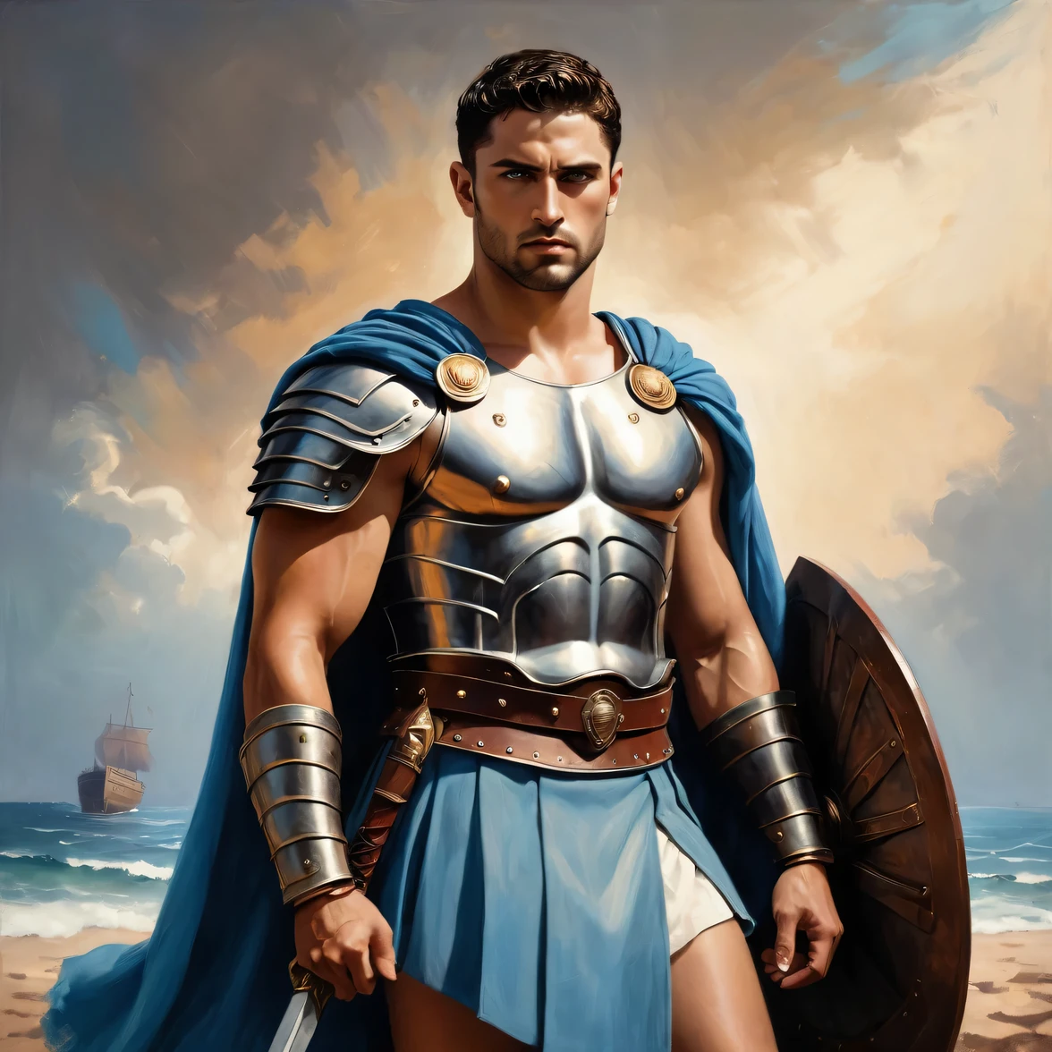 chiaroscuro technique on impressionist illustration of an masculine, 26-year-old Italian male model, handsome Roman, he is the god of war, he is Ares, Mars, evil-color, strong look, light blue eyes, strong jawline, dressed as a gladiator, ancient gladiator, male gladiator skirt, matte painting, by Harumi Hironaka, extremely soft colors, vibrant, pastel, highly detailed, digital artwork, high contrast, golden dramatic, refined, tonal, an intimate, titanic color