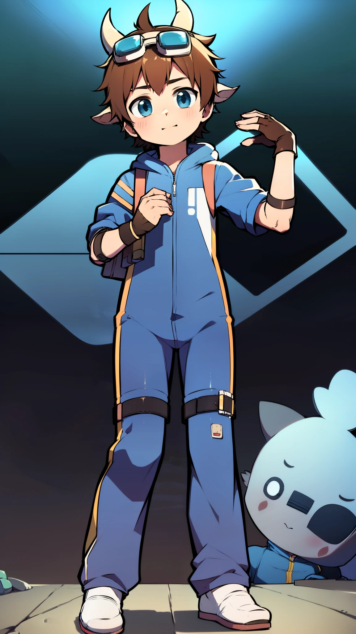 ((A  boy))，(Youthful feeling)，one piece mountaineering suit，There are horns on the head，slender figure，goggles，fingerless gloves，cotton socks，short sleeves，stand up