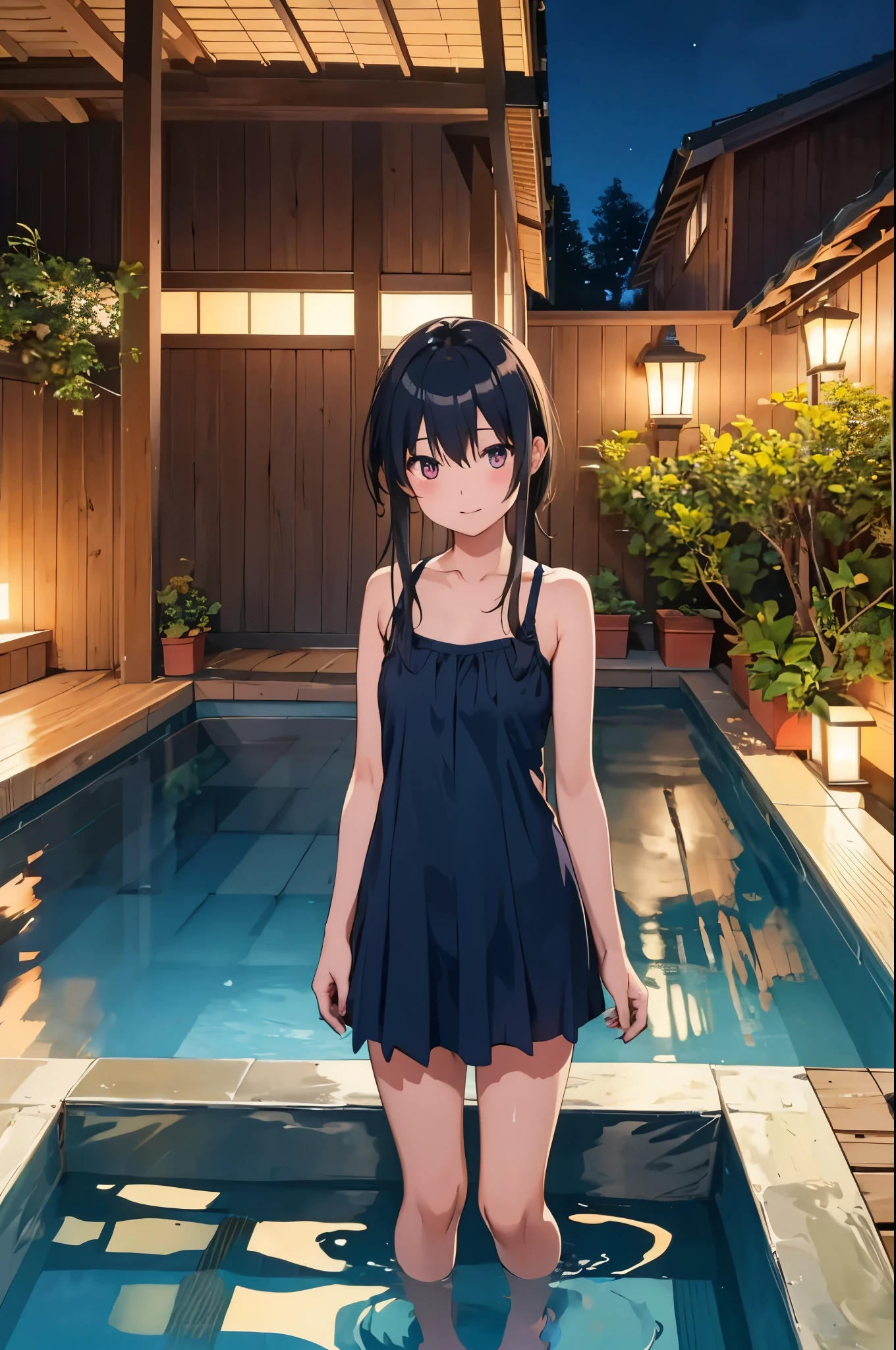 Countryside hot spring inn　open-air bath　A spacious cypress bath　night　　8-year-old　flat chest　blhair　g hair　The eyes are purple　（（1 person））　Navy blue old school swimsuit　Are standing　湯気がAre standing　dynamic angle　Low - Angle