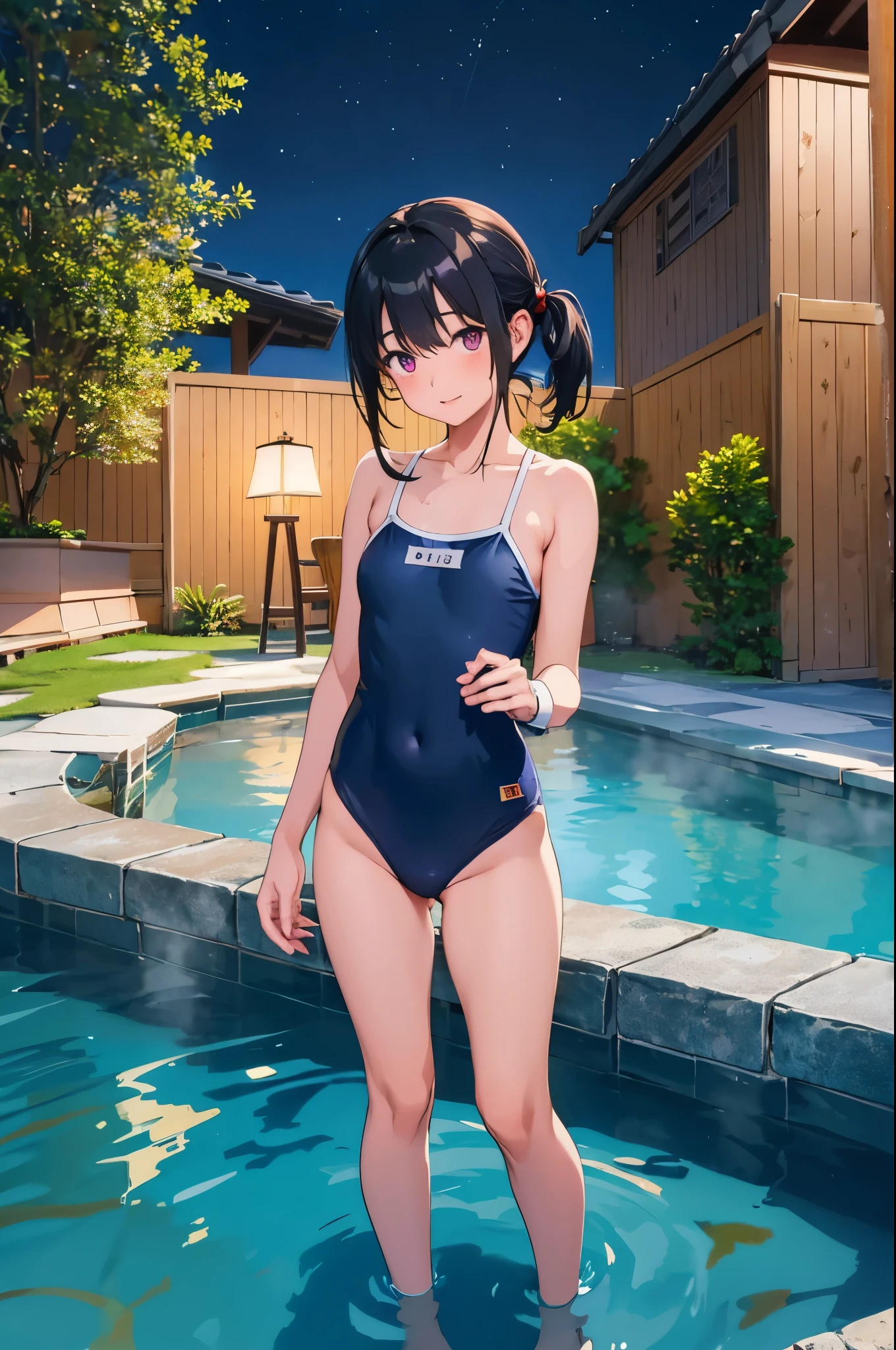 Countryside hot spring inn　open-air bath　A spacious cypress bath　night　elementary school girl　8-year-old　flat chest　black hair　long hair　The eyes are purple　（（1 person））　Navy blue old school swimsuit　Are standing　湯気がAre standing　dynamic angle　Low - Angle