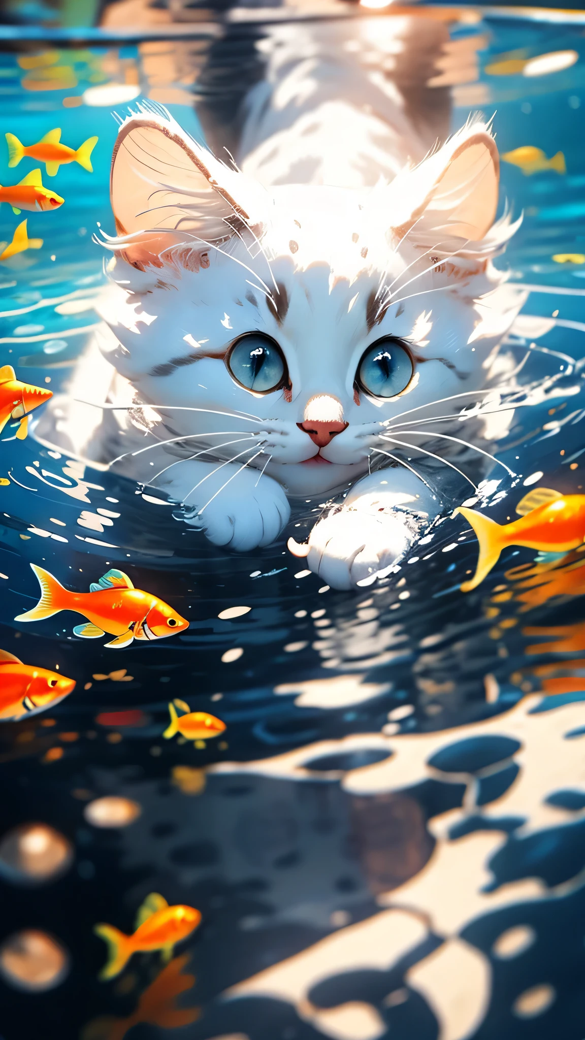 cute white kitten，shaggy，Realistic，best image quality，Water reflection，blue eyes，small red fish，eyeliner