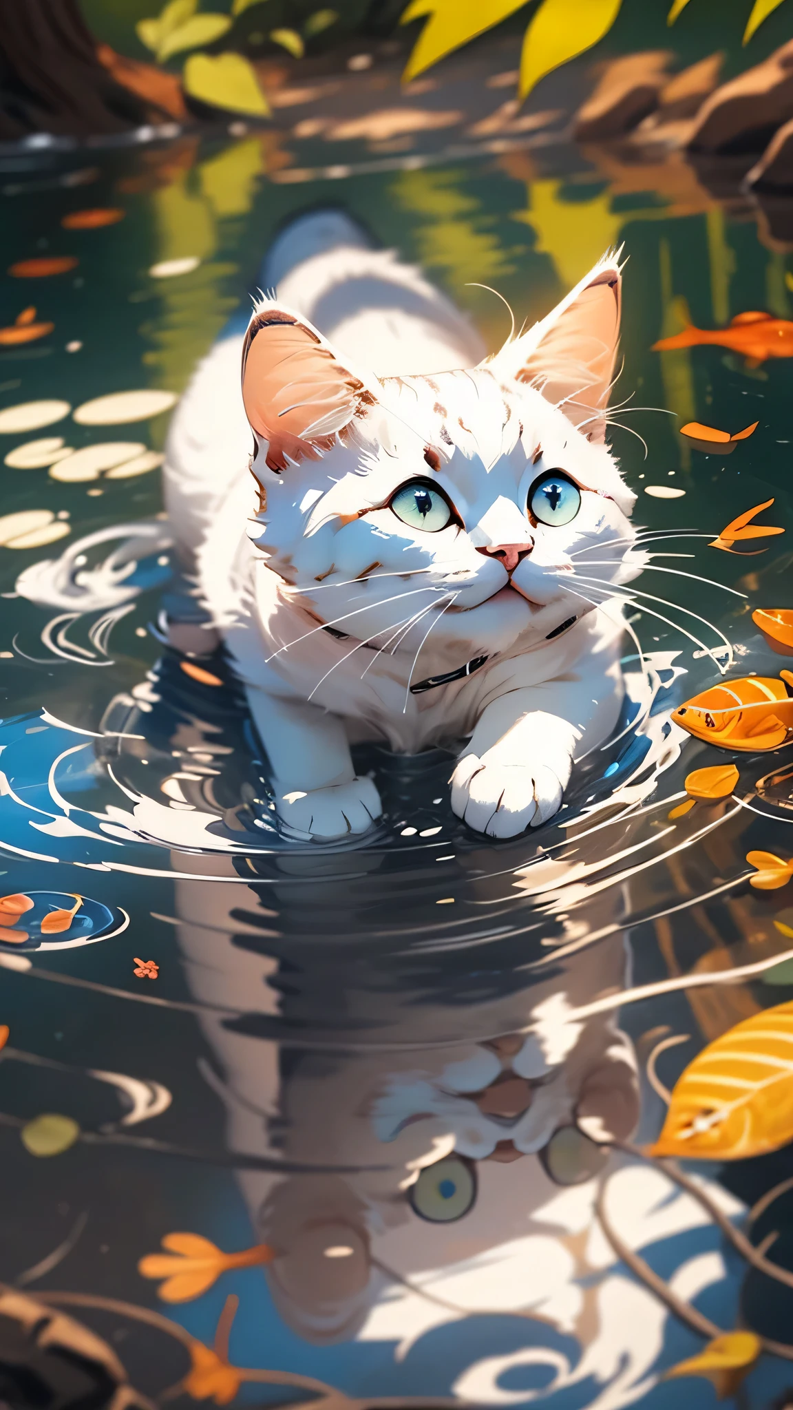 cute white kitten，shaggy，Realistic，best image quality，Water reflection，blue eyes，small red fish，eyeliner