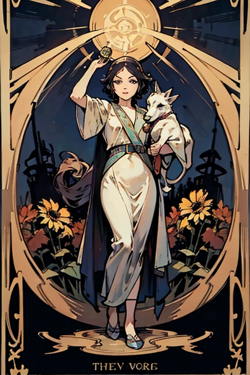 highest quality,masterpiece,((tarot cards,(Horror taste)、Art Deco Frame)),１９：sun、Behind an innocent  on a white horse、Many sunflowers are facing this way.。空には大きなsunが光り輝いて、A brighter world emerges。
